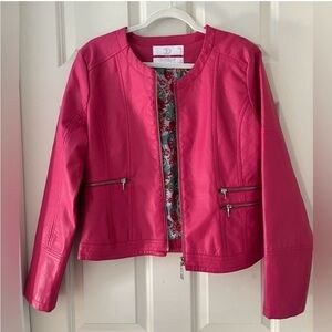 - Dollhouse faux leather jacket-pink, moto jacket floral lining zipper pockets L